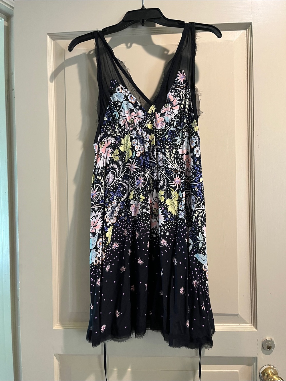 Free People Black Floral V-Neck Slip Dress with Pastel Print